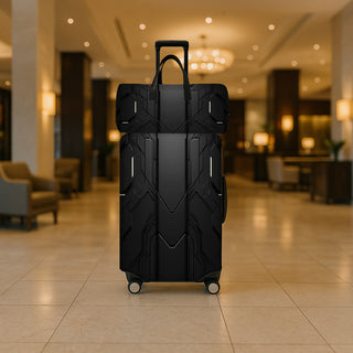 2 قطعة، مجموعة أمتعة مطبوعة بنقوش هندسية سوداء مع غطاء حقيبة سفر وحقيبة سفر، تضيف الأناقة إلى حياتك بتصميمها الفريد؛ إكسسوارات سفر أساسية لتلبية احتياجاتك الشخصية في الرحلات والخروجات