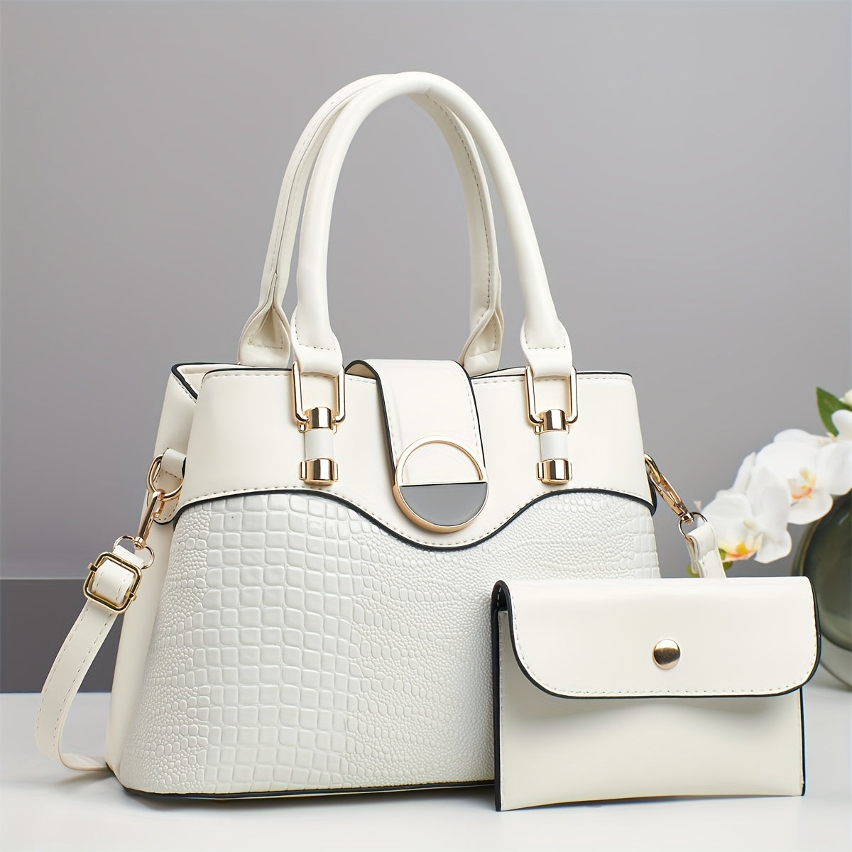 حقيبة كتف أنيقة بياقة بيضاء من جلد التمساح مع لمسات ذهبية - حزام قابل للإزالة، إغلاق بسحاب، ومجموعة حقيبة نسائية متطابقة، متعددة الاستخدامات في المساء أو الاستخدام العادي، محفظة مسائية|حقيبة كتف أنيقة|إغلاق بسحاب متين