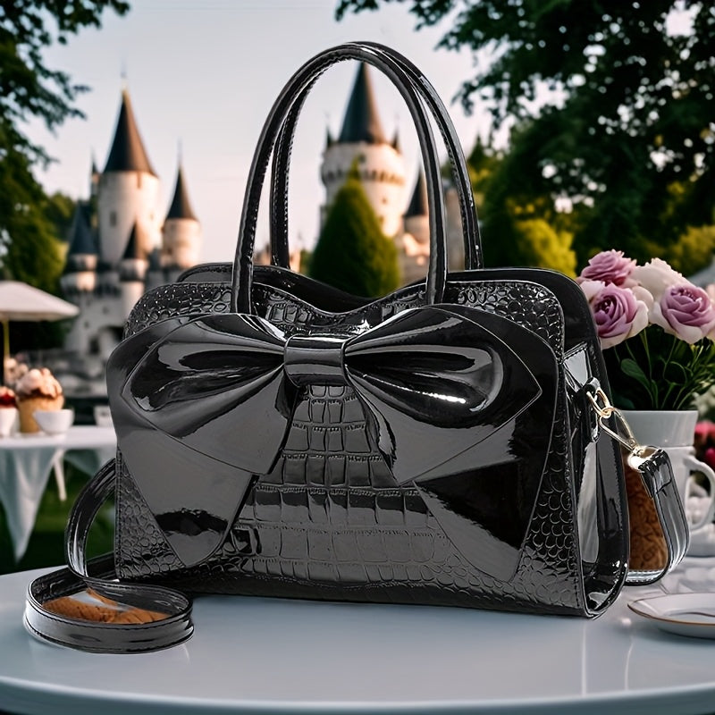 حقيبة يد أنيقة من الجلد الصناعي مع ربطة عنق، هدية عيد الحب، نمط تمساح لامع، إغلاق بسحاب، بطانة من البوليستر، تفاصيل طلاء الحواف، نمط حقيبة رسول.