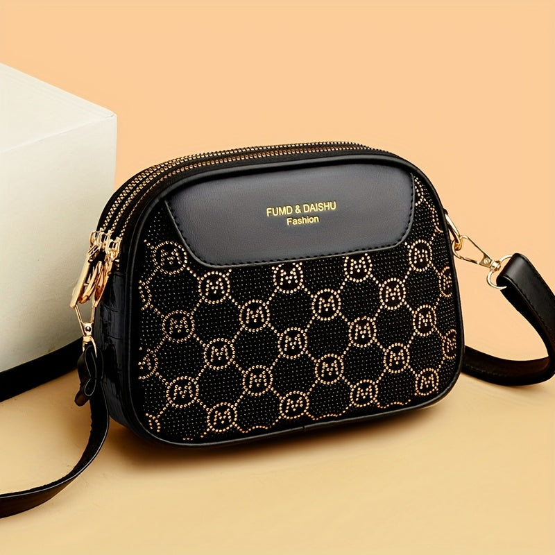 حقيبة كتف أنيقة للنساء مع معدات ذهبية اللون وباللون الأسود - سعة كبيرة، إغلاق بسحاب، تصميم متعدد الاستخدامات للكتف واليد - هدية مثالية للأصدقاء والعائلة، حقيبة صغيرة