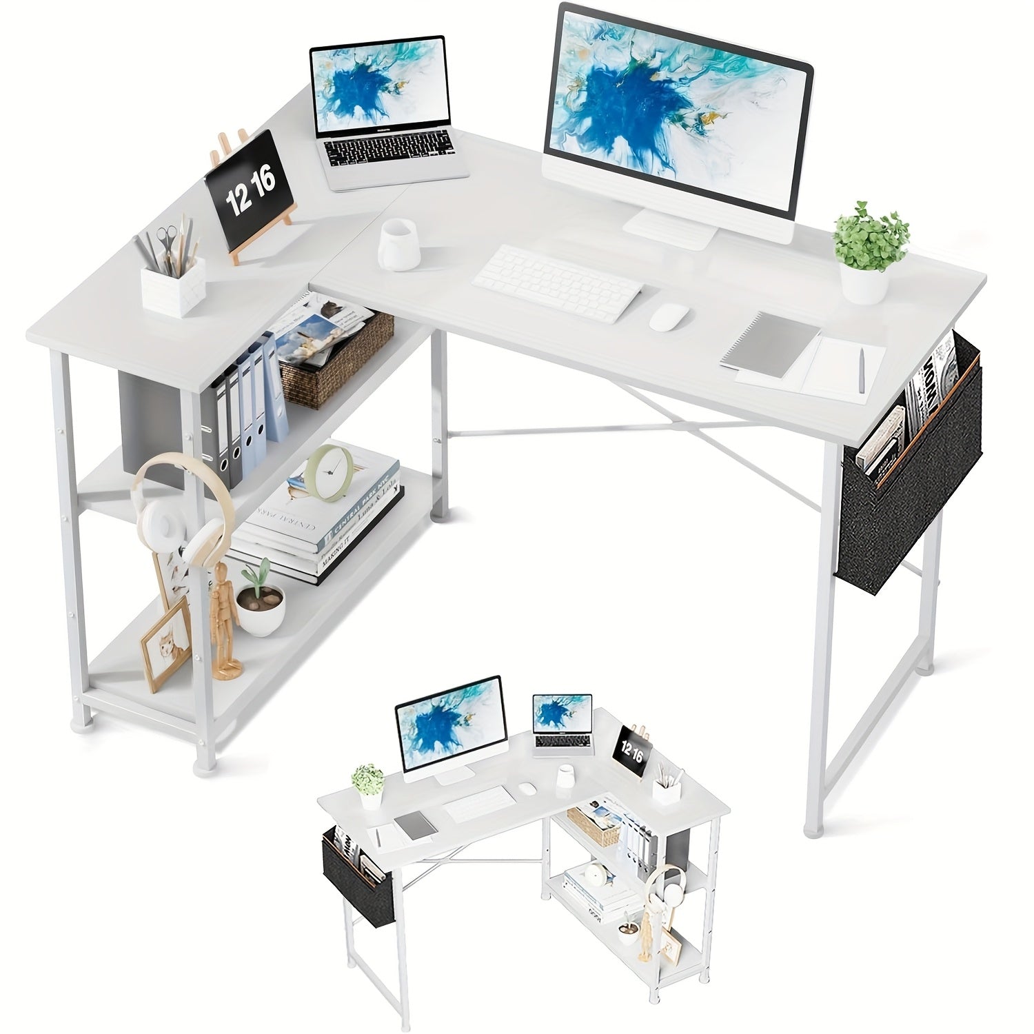 مكتب زاوية على شكل حرف L، محطة عمل كمبيوتر خشبية قائمة بذاتها مع أرفف تخزين قابلة للعكس، طاولة كتابة عصرية بسيطة للمكتب المنزلي