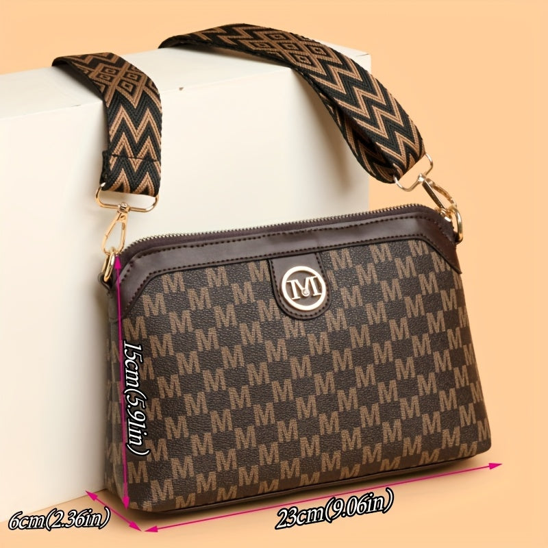 حقيبة كروسبودي بوهيمية للنساء من بيرفكت ليلي بحزام عريض قابل للتعديل - حقيبة كتف خفيفة، أنماط هندسية شيفرون/مربعات وحروف مونوغرام، إغلاق بسحاب للتسوق والتنقل اليومي (بني فاتح/أبيض/أسود)، حقيبة سفر متعددة الاستخدامات، بطانة بوليستر متينة