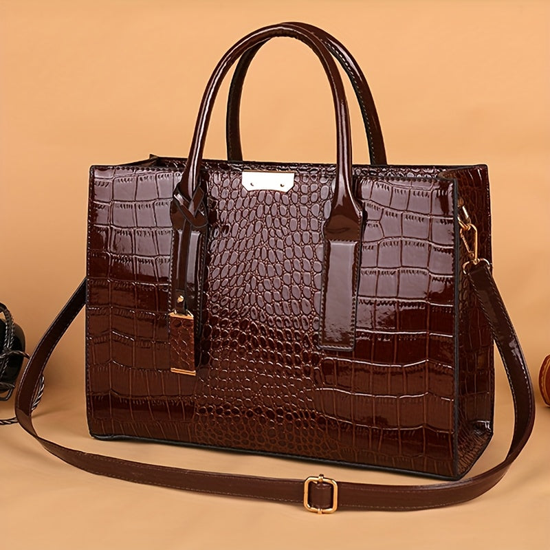 حقيبة يد أنيقة من الجلد الكروكوديل مع نمط الليلى المثالي - سعة كبيرة، حزام قابل للفصل، جيوب متعددة، جلد صناعي، إغلاق بسحاب، مثالية للعمل والتنقل اليومي، حقيبة يد متعددة الاستخدامات | حقيبة مربعة كلاسيكية | حقيبة تخزين وظيفية