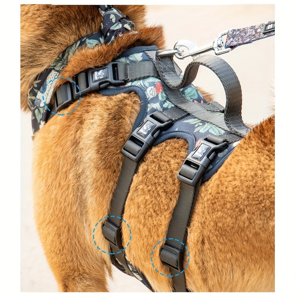 حزام كلب قابل للتعديل، مقود، باندانا/مريلة - معدات مشي مريحة وناعمة للسلال الصغيرة والكبيرة مع حزام صدر قابل للتعديل | إكسسوارات أمان خارجية | تصميم رياضي ومقاس مريح