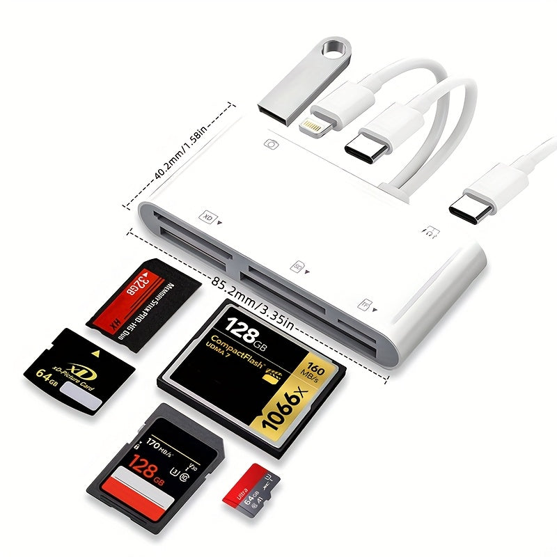 قارئ بطاقات USB OTG 9-في-1 من فئة الرائد مع دعم لقرص صلب SD/Micro SD/SDHC/SDXC/MMC/XD/MS/CF/TF/USB، متوافق مع أجهزة الهاتف/اللوحة/USB-C، تصميم أبيض أنيق لنقل البيانات والشحن بكفاءة