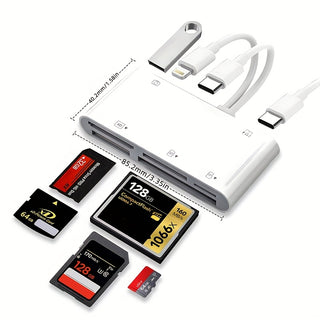 قارئ بطاقات USB OTG 9-في-1 من فئة الرائد مع دعم لقرص صلب SD/Micro SD/SDHC/SDXC/MMC/XD/MS/CF/TF/USB، متوافق مع أجهزة الهاتف/اللوحة/USB-C، تصميم أبيض أنيق لنقل البيانات والشحن بكفاءة