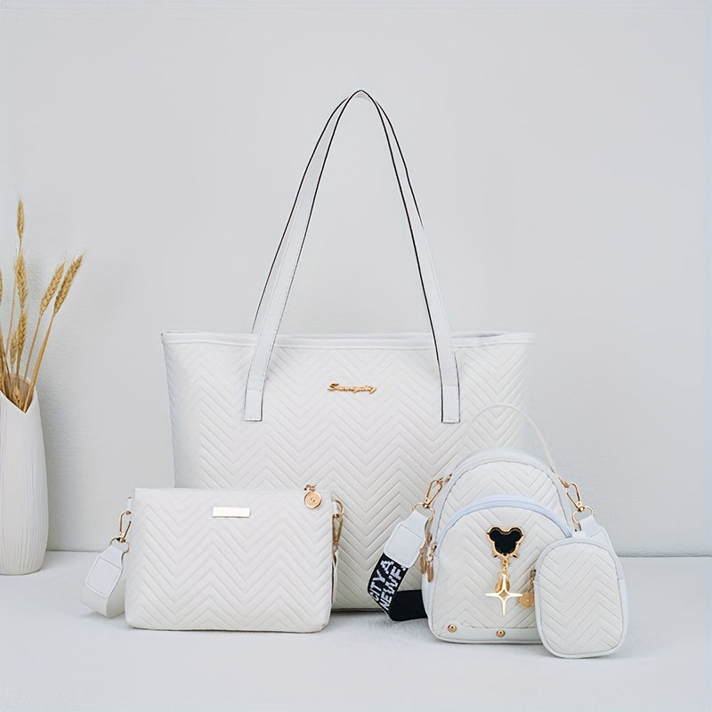 مجموعة حقائب يد نسائية - 4 قطع - نمط هندسي، إغلاق بسحاب، مبطنة بالبوليستر، حقيبة متعددة الاستخدامات، كاجوال، حزام كتف، كيس