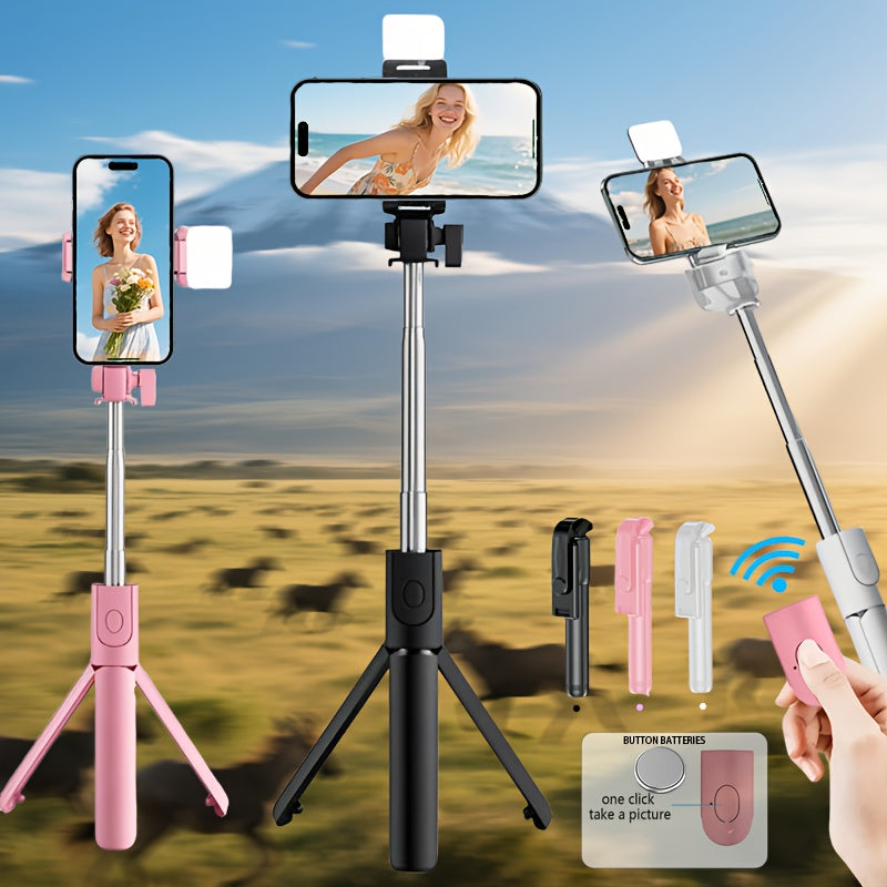 عصا سيلفي مع حامل ثلاثي القوائم وإضاءة (إضاءة اختيارية) | تحكم عن بعد لاسلكي | حامل هاتف مضاد للاهتزاز قابل للتمديد | رفيق سفر متعدد الوظائف 360° دوار | مثبت خفيف الوزن محمول لمختلف موديلات الهواتف