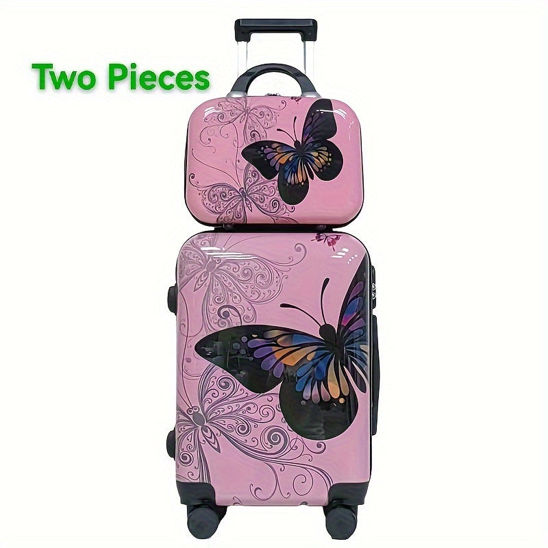 2 قطعة مجموعة الأمتعة ، حقيبة محمولة هجينة صلبة مع عجلات دوارة ، طباعة فراشة ، حقيبة عربة سفر خفيفة الوزن وحقيبة مطابقة ، قفل مركب ، ABS + PC شل ، مقبض من الألومنيوم