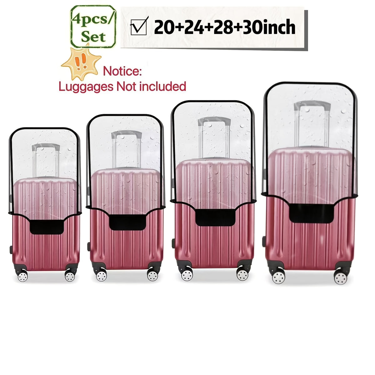 مجموعة حماية حقائب السفر من ثلاث قطع لقياسات 50.8 سم، 60.96 سم، و71.12 سم؛ مجموعة حماية حقائب السفر من أربع قطع لقياسات 50.8 سم، 60.96 سم، 71.12 سم، و30