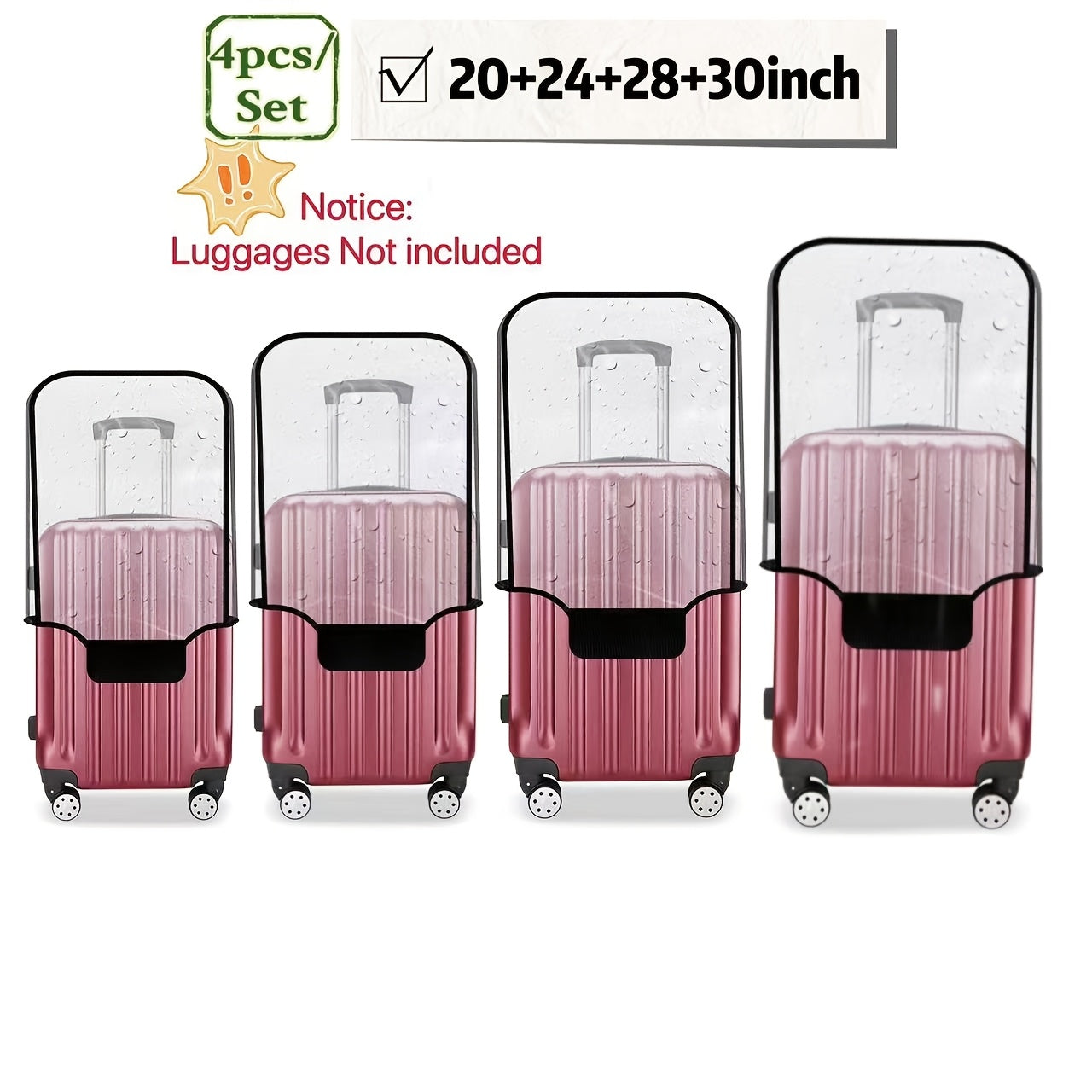 مجموعة حماية حقائب السفر من ثلاث قطع لقياسات 50.8 سم، 60.96 سم، و71.12 سم؛ مجموعة حماية حقائب السفر من أربع قطع لقياسات 50.8 سم، 60.96 سم، 71.12 سم، و30