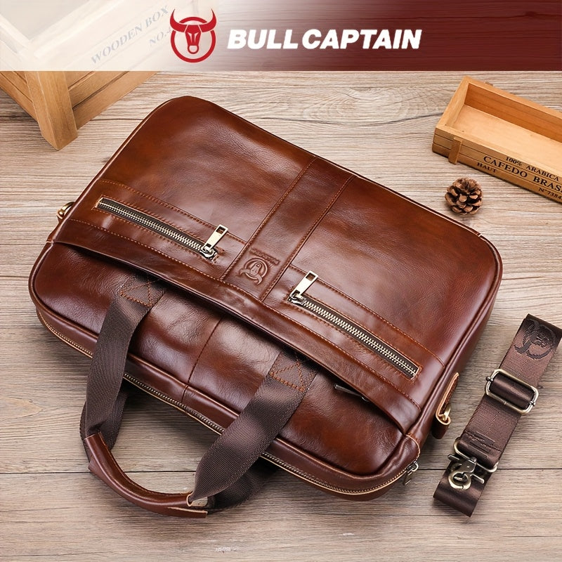 حقيبة جلدية حقيقية للرجال من BULLCAPTAIN - سعة كبيرة، بني اللون مع حزام كتف قابل للتعديل، عدة أقسام وسوستة للسفر العمل، الحاسوب المحمول والتنقل اليومي، حقيبة سفر عمل | حقيبة جلد أنيقة | حقيبة بمقبض قوي