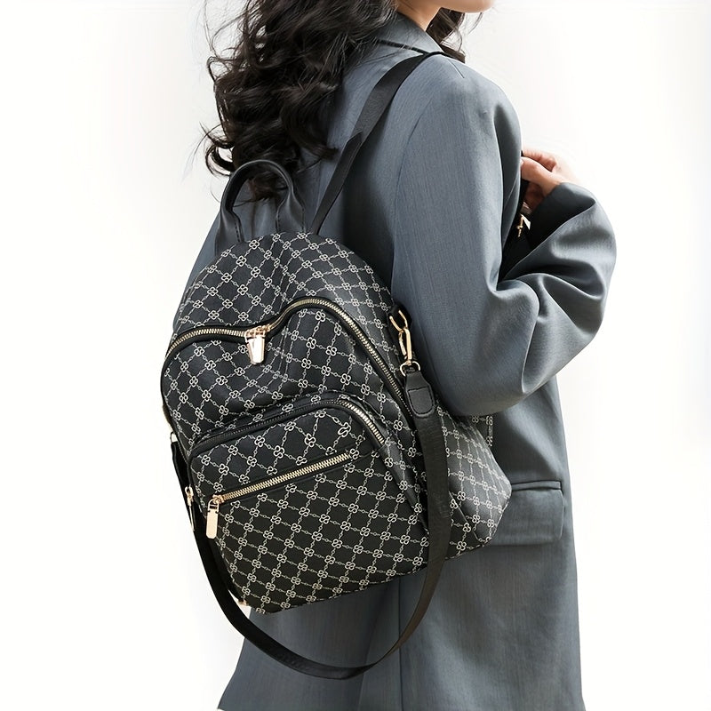 حقيبة ظهر نسائية أنيقة ذات سعة كبيرة - حقيبة سفر عملية متعددة الاستخدامات مع أحزمة قابلة للتعديل، مادة PU، نقش هندسي، عدة أقسام، وسحابات بلون ذهبي في اللون البني الداكن/الأسود، أزياء متعددة الاستخدامات، إغلاق بسحاب آمن