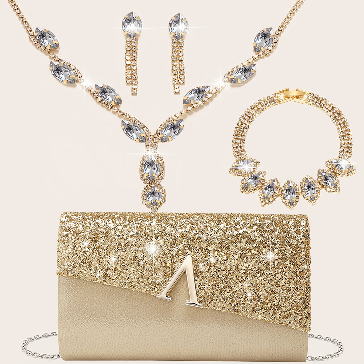 طقم مجوهرات الراين المكون من 4 قطع: قلادة، أقراط، سوار - حقيبة يد أنيقة ليلية للنساء مع غطاء قابل للطي على شكل V متلألئة ومتدلية بسلسلة معدنية لحفلات الزفاف والمناسبات