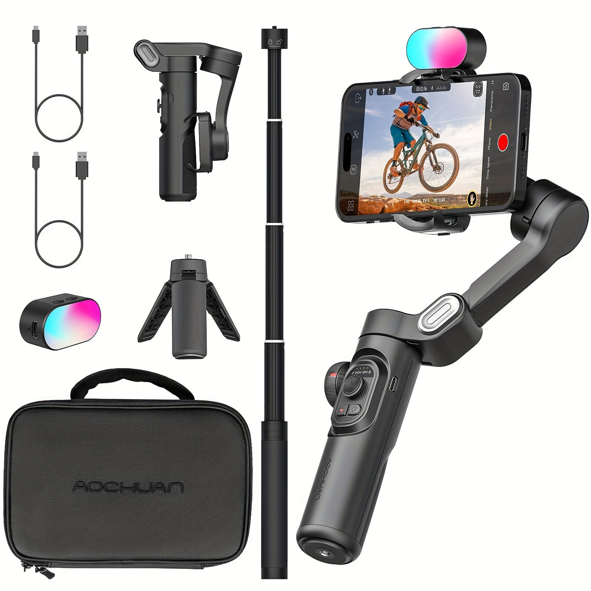 مثبت جيمبال للهاتف من AOCHUAN، متوافق مع آيفون 15 برو ماكس وهواتف أندرويد، مع قضيب تمديد، تثبيت ثلاثي المحاور، ميزة التركيز التلقائي، مثالي للفيديوهات اليومية والبث المباشر وإنشاء مقاطع فيديو قصيرة