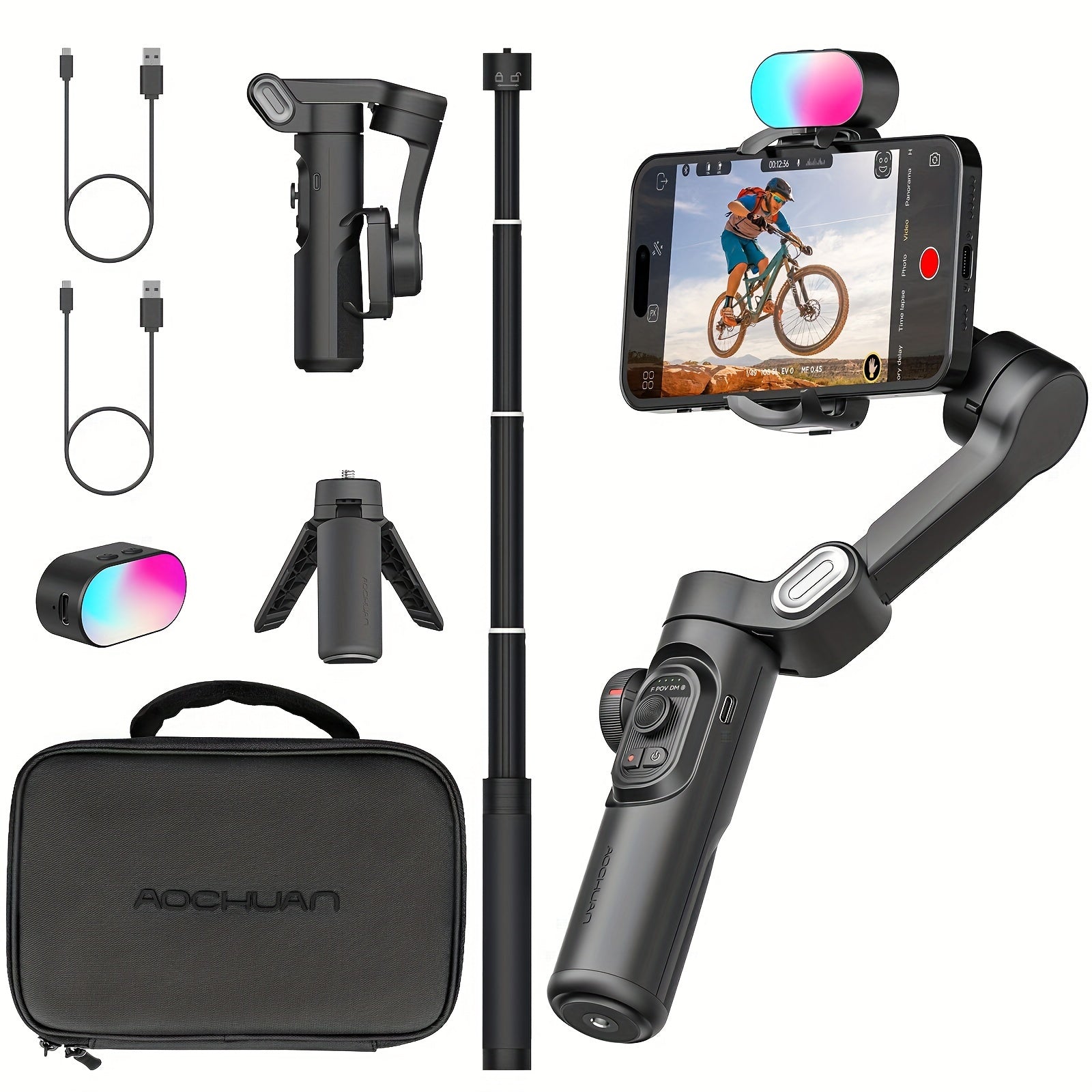 مثبت جيمبال للهاتف من AOCHUAN، متوافق مع آيفون 15 برو ماكس وهواتف أندرويد، مع قضيب تمديد، تثبيت ثلاثي المحاور، ميزة التركيز التلقائي، مثالي للفيديوهات اليومية والبث المباشر وإنشاء مقاطع فيديو قصيرة