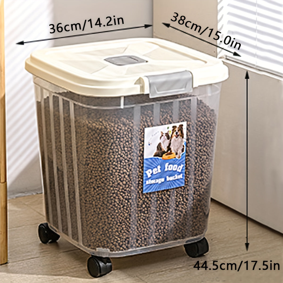 1 حاوية تخزين طعام الحيوانات الأليفة مع تصميم بكرة وغطاء، مقاومة للرطوبة والحشرات دلو تخزين الطعام الجاف للكلاب والقطط