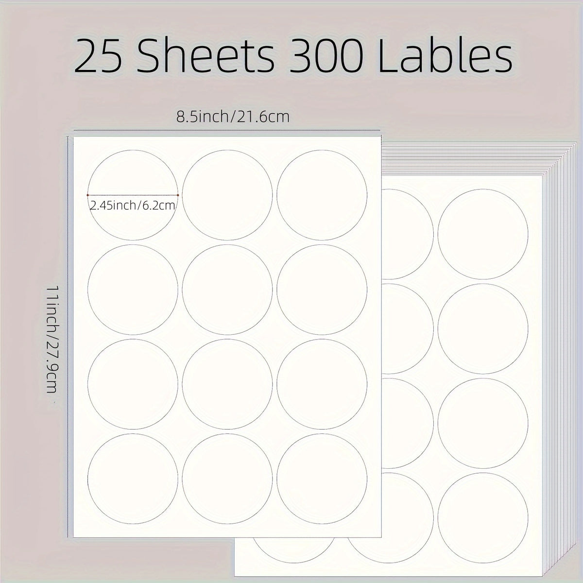 عبوة تحتوي على 300 ملصق دائري أبيض بقياس 6.22 سم، مناسب لطابعات الحبر وطابعات الليزر، مُقدمة على أوراق A4 كملصقات فينيل فارغة، بإجمالي 25 ورقة.