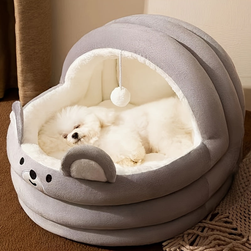 سرير قطة لجميع الفصول للكلاب الصغيرة وبشون، سرير حيوانات أليفة نصف مغلق من القطيفة مع نافذة على شكل قلب، تصميم داخلي مبطن بالقماش الرمادي الناعم، تصميم متين وأنيق للاستخدام في الداخل، سرير كلب مريح، راحة حيوانات الأليفة في الداخل، بيت حيوانات أليفة مبتكر،
