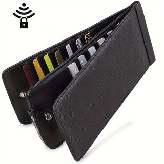 محفظة ثنائية الطي مع حماية RFID وجيب للعملات بسحاب وفتحات متعددة للبطاقات، تصميم أنيق وبسيط، جلد صناعي، نافذة هوية قابلة للفصل، إغلاق بالضغط - أسود، محفظة يومية | محفظة بسحاب أنيقة | تفاصيل مخيطة، محفظة حامل البطاقات
