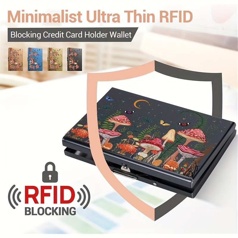 محفظة بتصميم بسيط من المعدن - 10 فتحات مع تقنية RFID، رفيعة للغاية، تصميم متين من البولي فينيل كلوريد والمعدن مع فن زهور الفطر والفراشة الملونة للرجال والنساء، مثالية كهدية في عيد الحب وعيد الماس