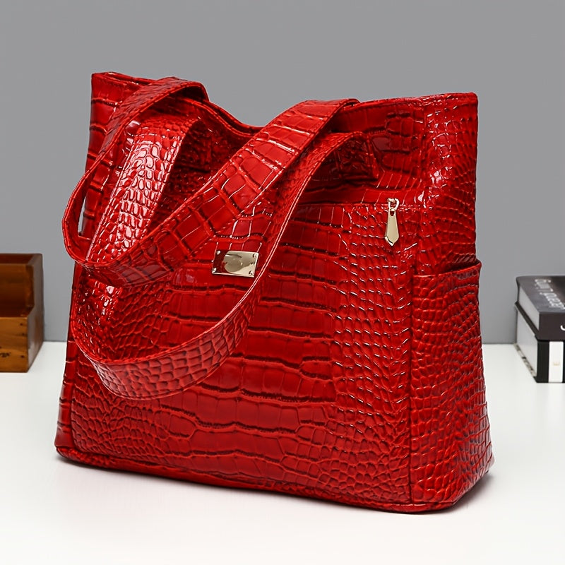 حقيبة يد أنيقة بتصميم جلد التمساح - سعة كبيرة، متعددة الجيوب مع إغلاق بسحاب، مادة PU، متوفرة بألوان متعددة (أحمر، أبيض، أزرق، أسود، بني، وردي، برتقالي، أخضر، بنفسجي
