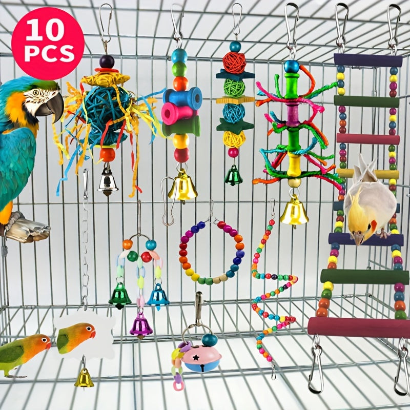 10 قطع من لعبة الطيور والقرود، لعبة تعليق الطيور الأليفة الملونة مع سلم خشبي معلق وحجرة تعليق جرس، مناسبة للطيور والقرود