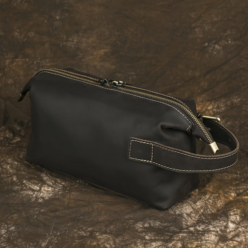 حقيبة كلاتش جلدية أصلية للرجال بتصميم فينتاج - حقيبة يد سوداء من جلد البقر مع سحابات وأبازيم ذهبية، أناقة عادية للسفر أو الاستخدام اليومي، محفظة جلد