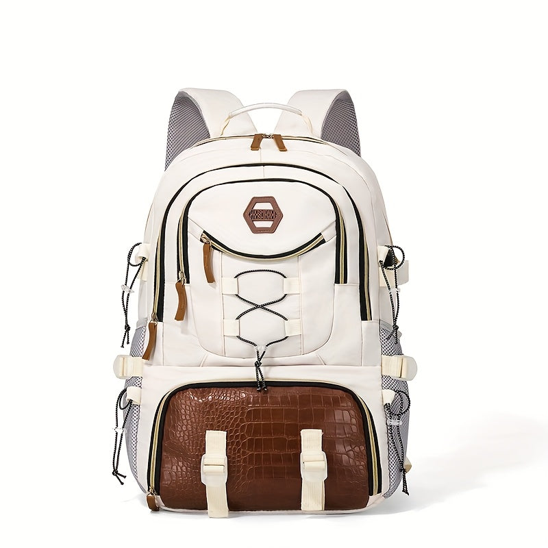 حقيبة ظهر رجالية كبيرة السعة للسفر الخارجي مع أقسام للأحذية واللابتوب، حقيبة متينة من البوليستر للتخييم والرياضة، أحزمة قابلة للتعديل وإغلاق بسحاب، تصميم بتصميم أبيض/رمادي/بني متميز، معدات الرحلات