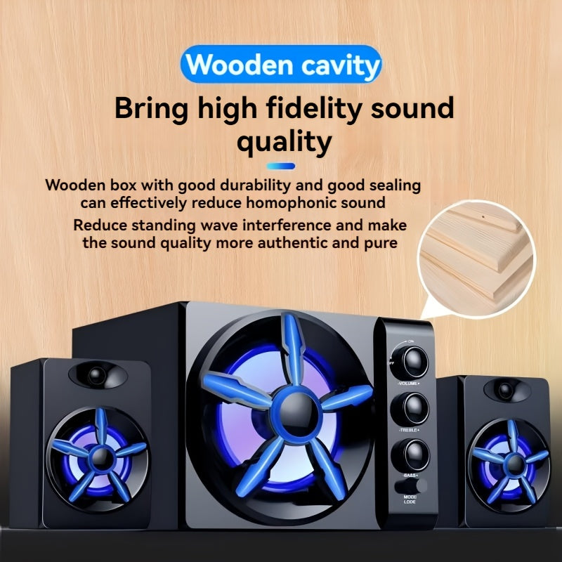 سماعات كمبيوتر مكتبي خشبية 3 في 1 - صوت محيطي 2.1 سلكي مع تعزيز الباس، أضواء LED ملونة، منفذ USB، صوت عالي الجودة للكمبيوتر، الهاتف الذكي، التلفزيون أو أكثر، سماعات كمبيوتر
