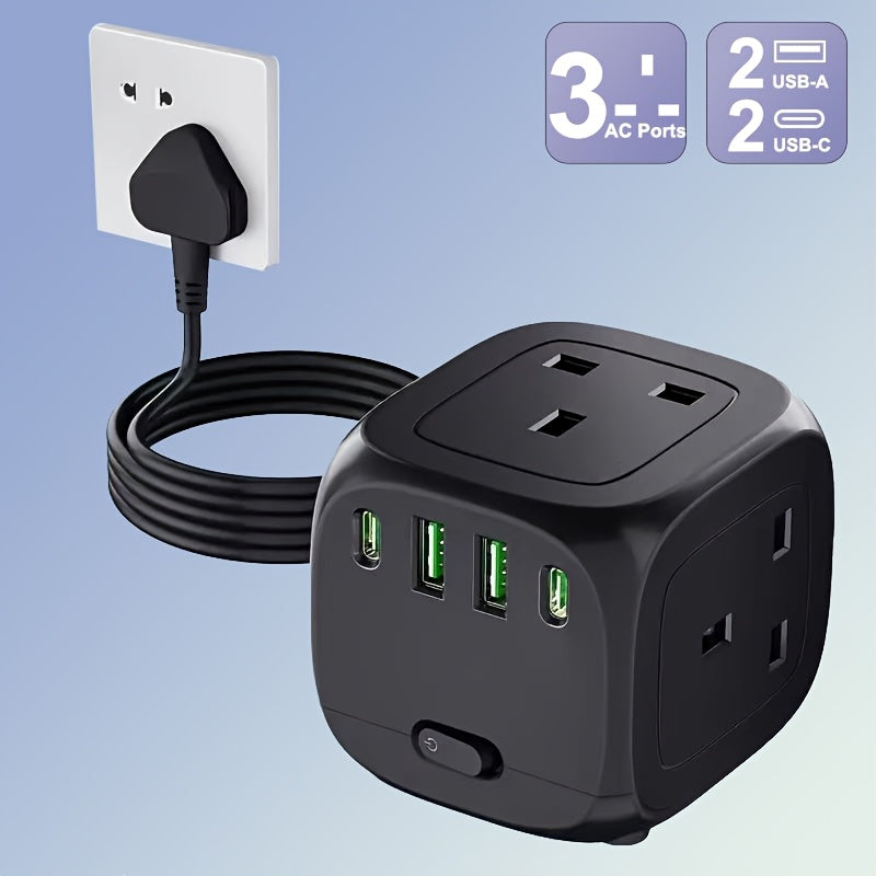 شريط طاقة متعدد الوظائف مع 3 منافذ تيار متردد، USB-A وType-C، سلك طاقة بطول 2 متر، 2 منافذ USB-A، 2 منافذ Type-C، تصميم مسطح للمنزل، المطبخ، المكتب، الفندق والسفر البحرية، شريط طاقة للسفر | تصميم أسود أنيق | متوافق مع USB-A، شريط طاقة للمخرج