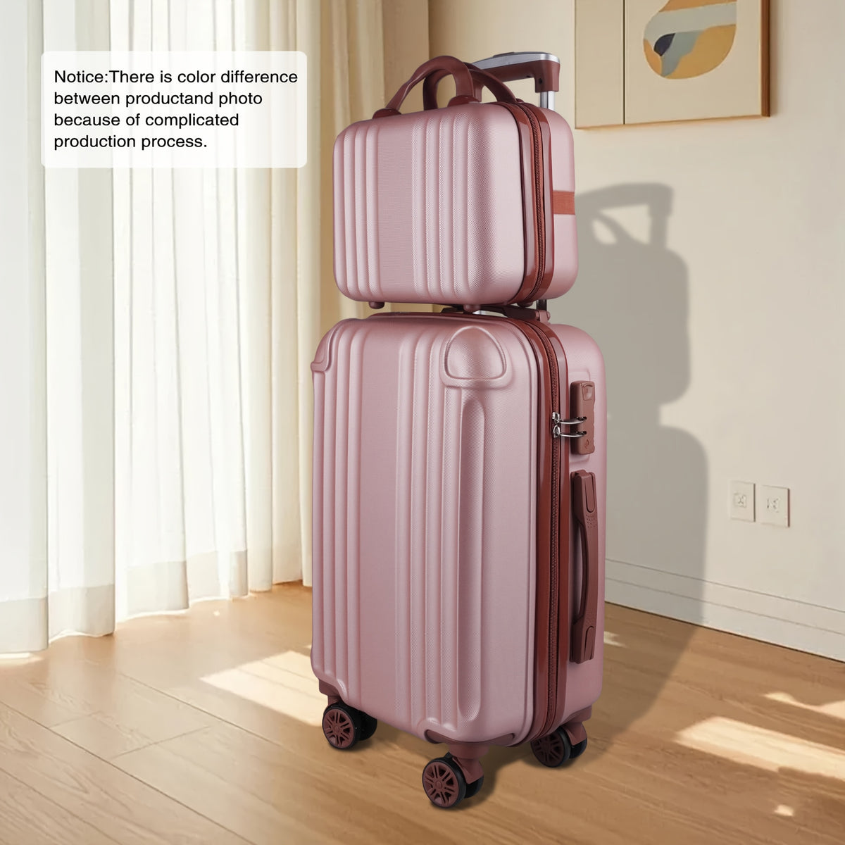 2 قطعة مجموعة أزياء الأمتعة مع ABS الصلبة + PC القضية، مقبض الحديد، 360 درجة عجلات الغزل، سستة إغلاق، وقفل الجمع - أسود، البيج، الأزرق، الأخضر، روز الذهبي