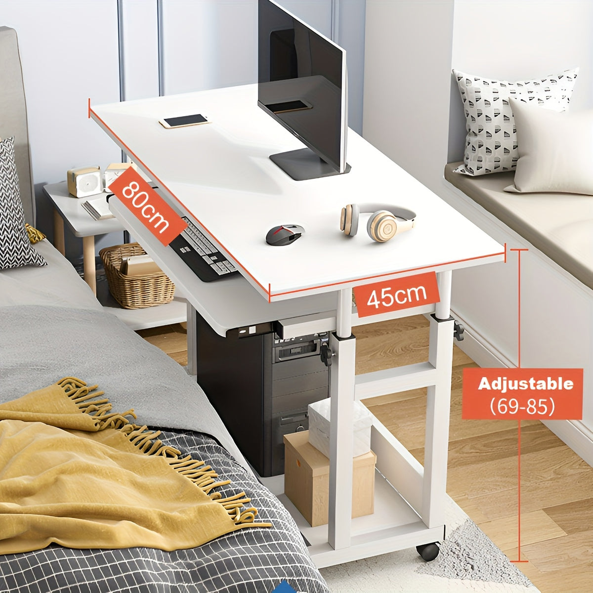 طاولة كمبيوتر قابلة للتعديل 80 × 45 سم، مكاتب كمبيوتر محمول متحركة مع لوحة مفاتيح للمكتب المنزلي