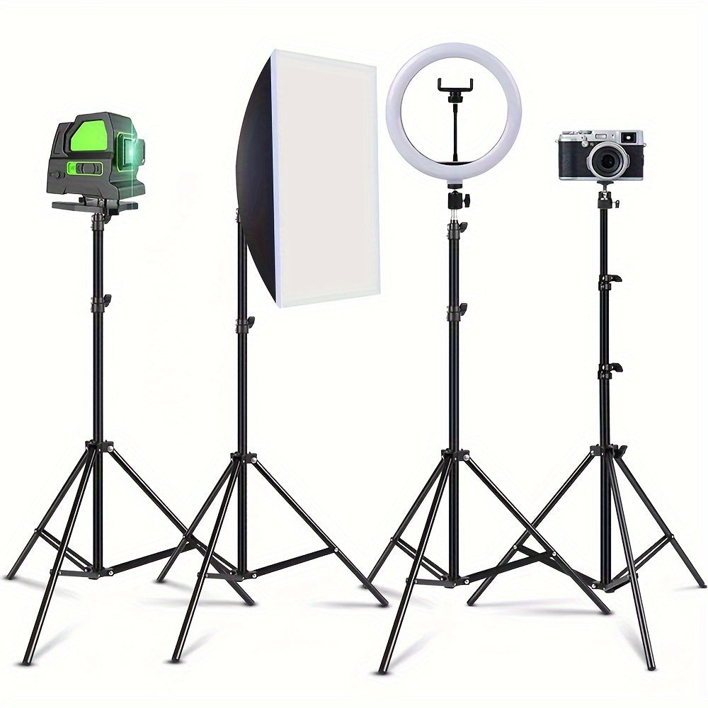 حامل ثلاثي القوائم من الألومنيوم بطول 63 بوصة، تصميم متعدد الوظائف مع برغي 1/4 بوصة، قابل لتعديل الارتفاع للسماعات الذكية والكاميرات وأجهزة العرض ومستويات الليزر - لا يتطلب شحنًا