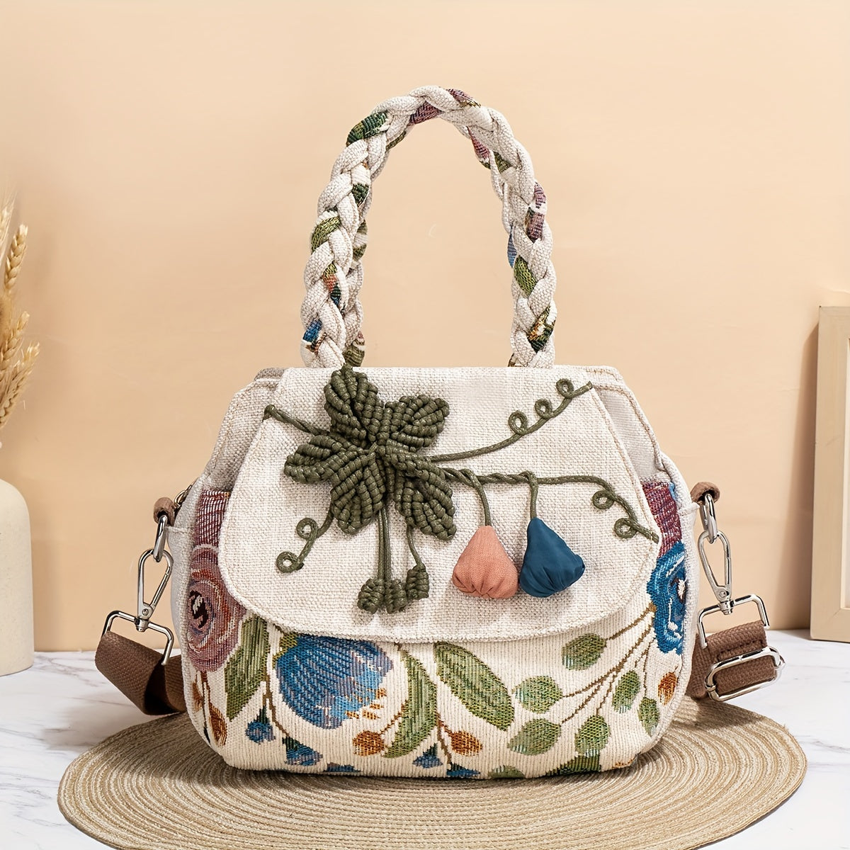 حقيبة شاطئية من البوليستر بنقوشات زهرية مع حزام كتف قابل للفصل، متعددة الأقسام وقفل بسحاب