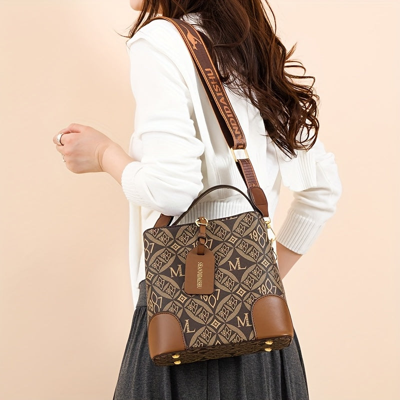 حقيبة نسائية كبيرة السعة - حقيبة كتف قابلة للتعديل بتصميم هندسي، إغلاق بسحاب وعدة أقسام، لون بني فاتح، متعددة الاستخدامات للمناسبات اليومية والمهنية، تصميم متين وعريض، مثالية لعشاق الموضة