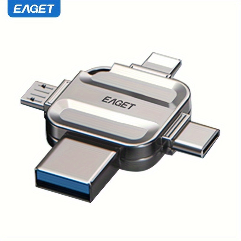 EAGET فلاشة USB 32/64/128/256 جيجابايت - فلاشة صغيرة محمولة متعددة الاستخدامات USB/مايكرو USB/Type-C/IOS 4 في 1 للهواتف المحمولة والكمبيوتر والآيفون 16/15/14/13/12/12 برو/12 ميني/11