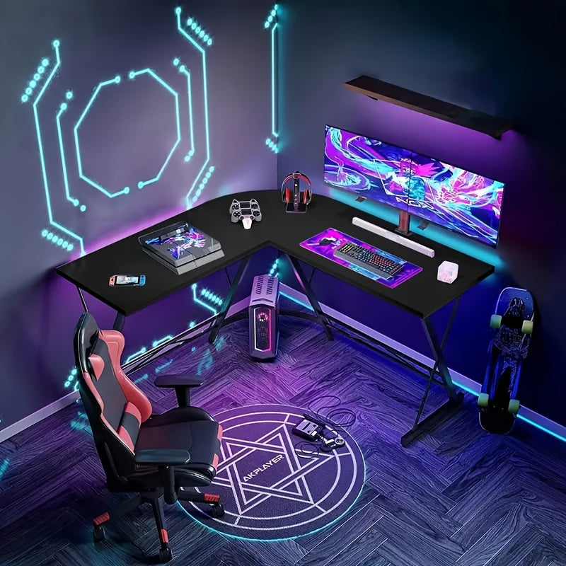 مكتب ألعاب على شكل حرف L، طاولة زاوية عصرية بإطار معدني، مكتب منزلي متين وطاولة كمبيوتر للألعاب والكتابة والتخزين، مع مساند أقدام قابلة للتعديل للثبات، سطح مكتب كبير ومساحة واسعة للرجلين