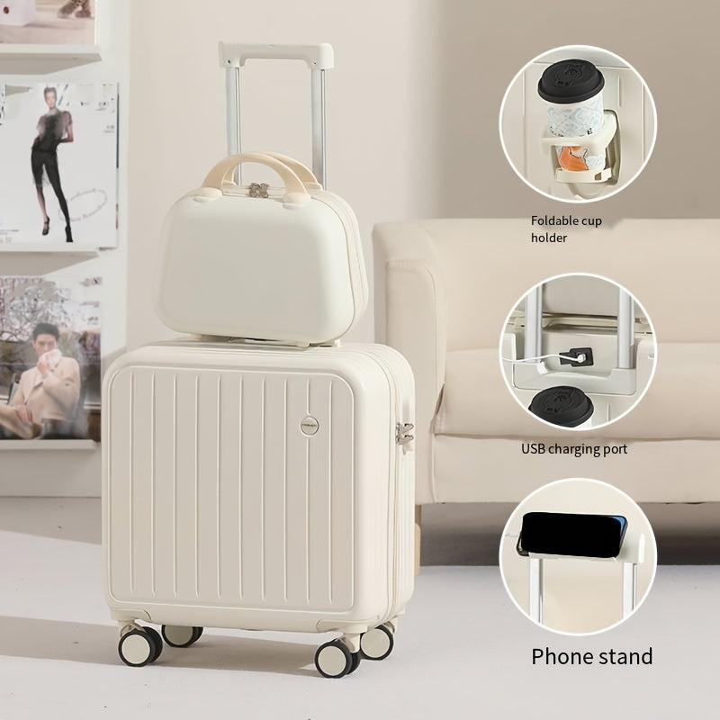 طقم أمتعة يدوية خفيفة الوزن 18 بوصة مع قفل، حامل أكواب قابل للطي ومنفذ USB - مثالي للطلاب