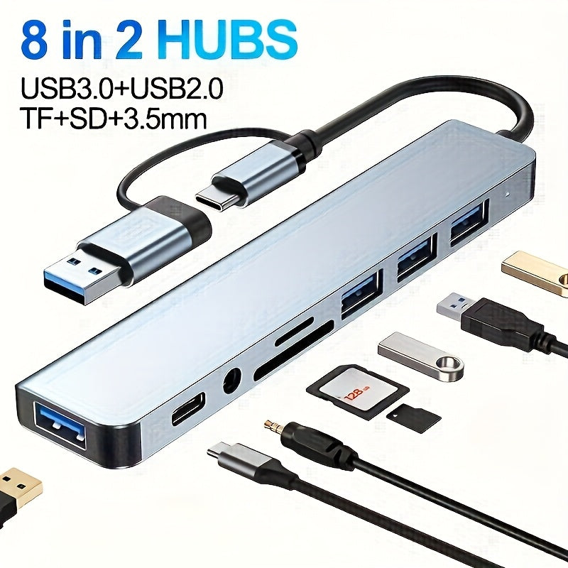 قاعدة توسيع USB متعددة الوظائف 8-في-1، محور USB للكمبيوتر الشخصي، محور USB C، قارئ بطاقات TF/SD، إخراج صوت 3.5 مم، مناسب لـ MacBook Pro/iPad Pro/HP الألومنيوم لنقل البيانات عبر 4 منافذ USB