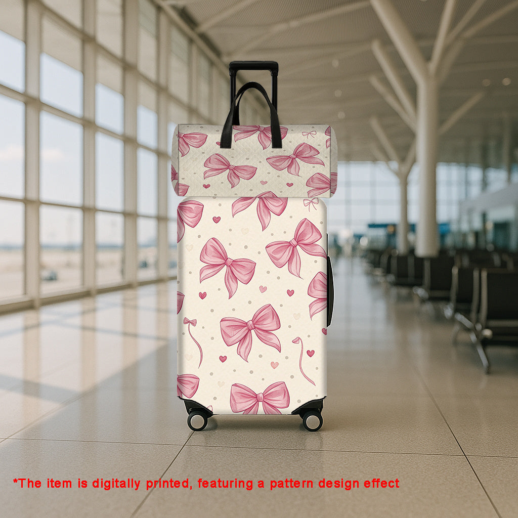 2 قطعة حقيبة سفر مع ربطة وردية وطباعة قلب (1 حقيبة + 1 غطاء حماية للأمتعة)، إكسسوارات أمتعة للرجال والنساء، معدات أساسية للإجازات الخارجية