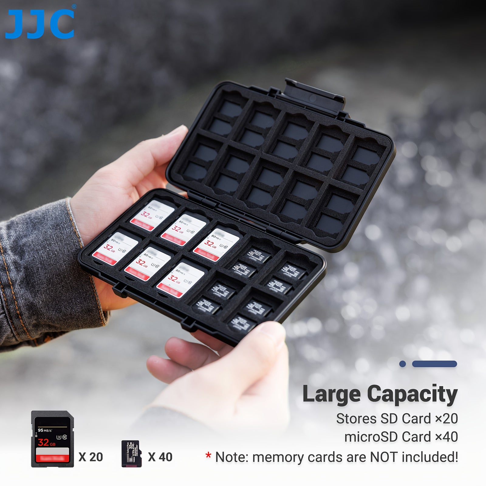 حافظة بطاقات ذاكرة JJC بسعة كبيرة 60 فتحة - منظم محمول لبطاقات SD 20 وTF 40، مصنوع من مادة ABS المتينة، مثالي للتصوير الفوتوغرافي والفيديو، منظم التصوير الفوتوغرافي | حامل بطاقات ذاكرة مدمج | حافظة ABS متينة، حافظة بطاقات ذاكرة