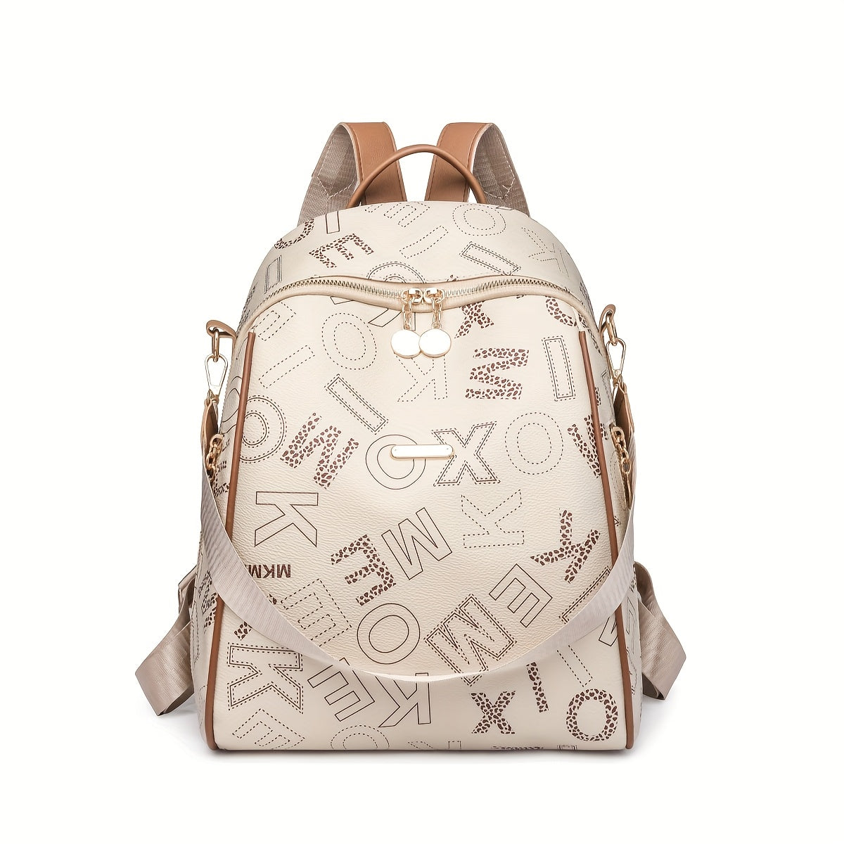 حقيبة ظهر بيضاء أنيقة للنساء - سعة كبيرة مع طباعة حروف بنية، تصميم قابل للتحويل من حقيبة كتف/حقيبة ظهر/حقيبة يد، إغلاق بسحاب وبطانة بوليستر - مثالية للسفر، المدرسة، والعمل، حقيبة عمل | حقيبة ظهر بأسلوب الشارع | إغلاق بسحاب متين، حقيبة ظهر للسفر