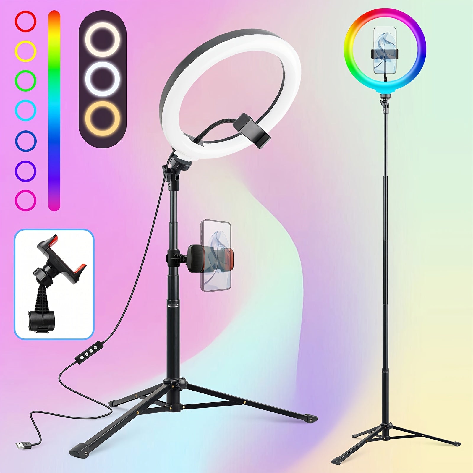 ضوء حلقة سيلفي RGB قابل للتعتيم 10 إنش مع حامل ثلاثي القوائم وملزق للهاتف – مثالي للبث المباشر، المكياج، الفيديوهات اليومية والتصوير – يعمل بالطاقة عبر USB، أوضاع إضاءة متعددة الألوان والأبيض، قاعدة ثابتة بثلاث أرجل، تصميم دائري، تثبيت مرن، وضعيات متنوعة