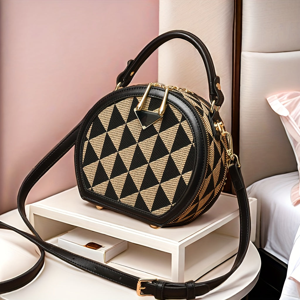 حقيبة كروس بودي نسائية من باونغ ساوند بنقشة هندسية هاندستوث - حزام كتف قابل للتعديل، أدوات ذهبية اللون، إغلاق بسحاب، أسود وبيج، متعددة الاستخدامات للمناسبات العادية والرسمية