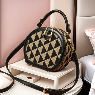 حقيبة كروس بودي نسائية من باونغ ساوند بنقشة هندسية هاندستوث - حزام كتف قابل للتعديل، أدوات ذهبية اللون، إغلاق بسحاب، أسود وبيج، متعددة الاستخدامات للمناسبات العادية والرسمية