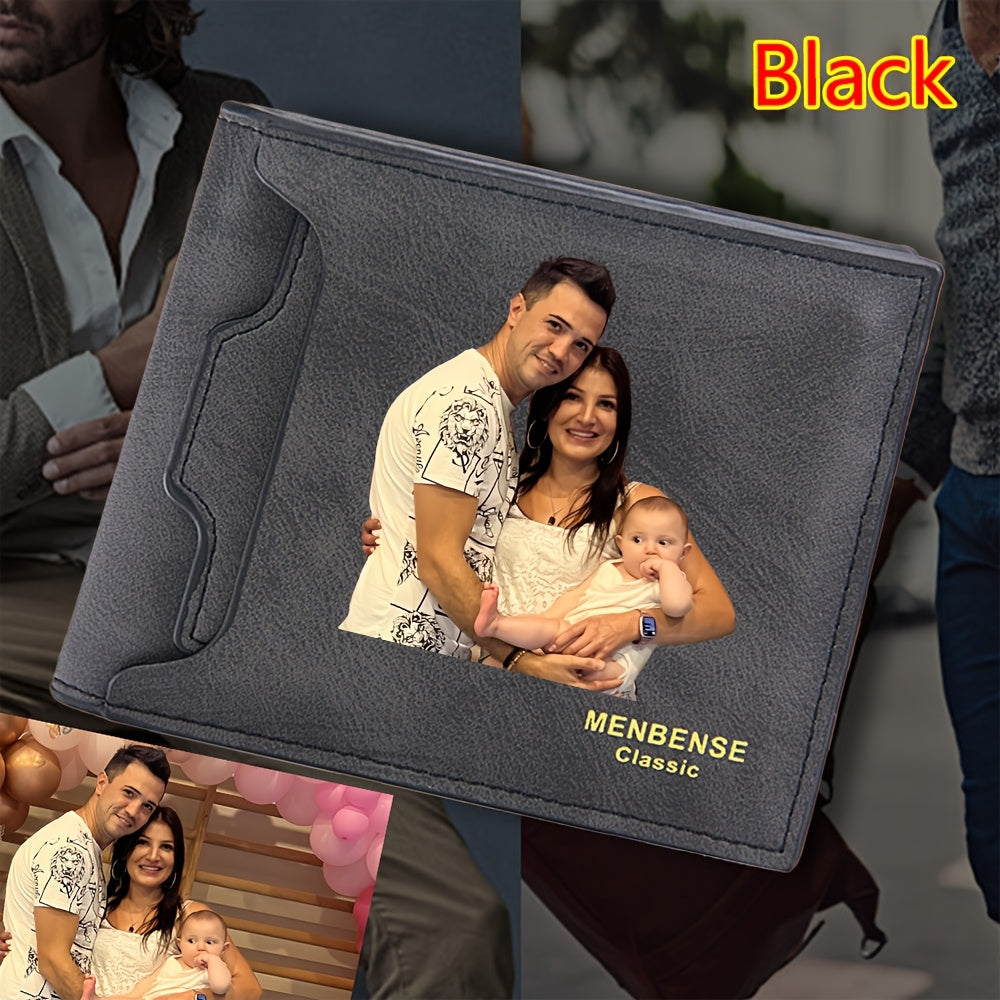 محفظة هدايا شخصية للرجال، حاملة بطاقات بصورة مخصصة، جلد صناعي بأسلوب أعمال، غير مضفور، مثالية لعيد الميلاد، الذكرى السنوية، عيد الحب، عيد الأب، عيد الميلاد، ورأس السنة الجديدة.