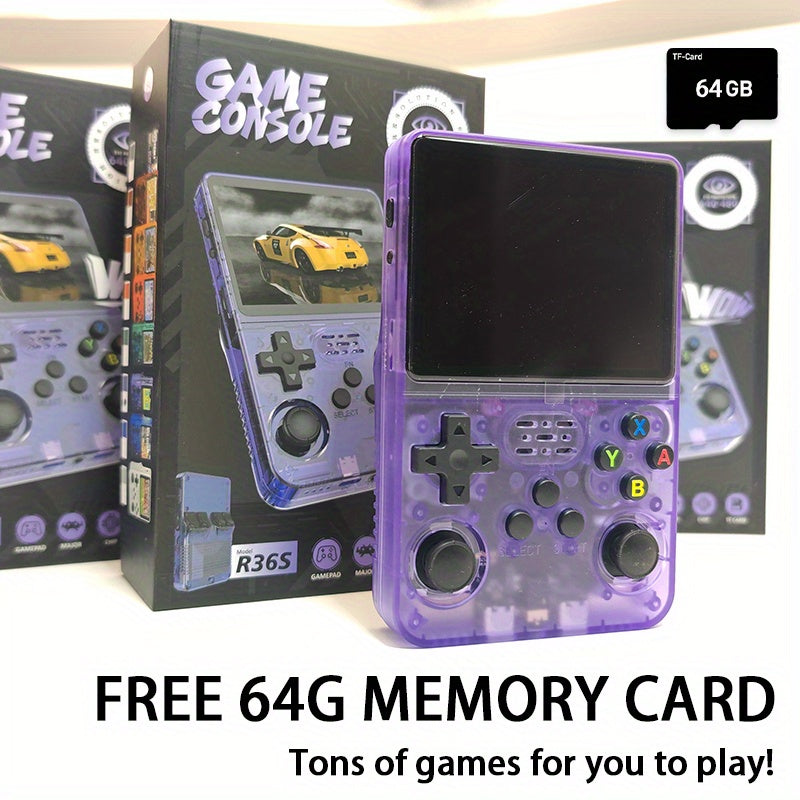 جهاز الألعاب المحمول R36S صغير وسهل الوضع في جيبك، مزود بنظام Arkos وشاشة كبيرة بحجم 3.5 بوصة مع إضاءة ناعمة لحماية العين وتوفر صورًا واضحة ودقيقة
