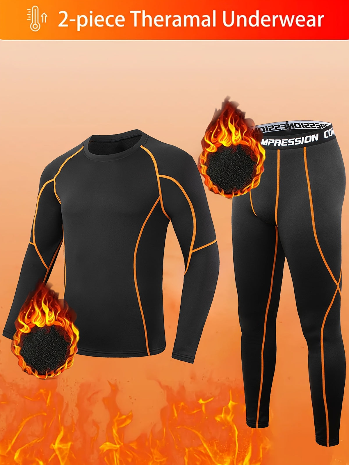 2pcs Men'S Thermal Underwear Set - Long Sleeve Top and Pants, Polyester Blend, High Elasticity, Moisture-Wicking, Round Neck, Knitted Fabric, Slim Fit for Skiing and Outdoor Activities
