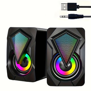 مكبرات صوت مكتبي سلكية USB 2.0 مع أضواء LED، مدخل AUX-3.5 مم، تحكم في الصوت - مكبر صوت للألعاب المدمج للكمبيوتر الشخصي، اللابتوب، الجهاز اللوحي، الهاتف الخلوي وMP3 - تصميم أسود بإضاءة ملونة، إعداد مكبر صوت للألعاب | مكبرات صوت عصرية | بناء متين